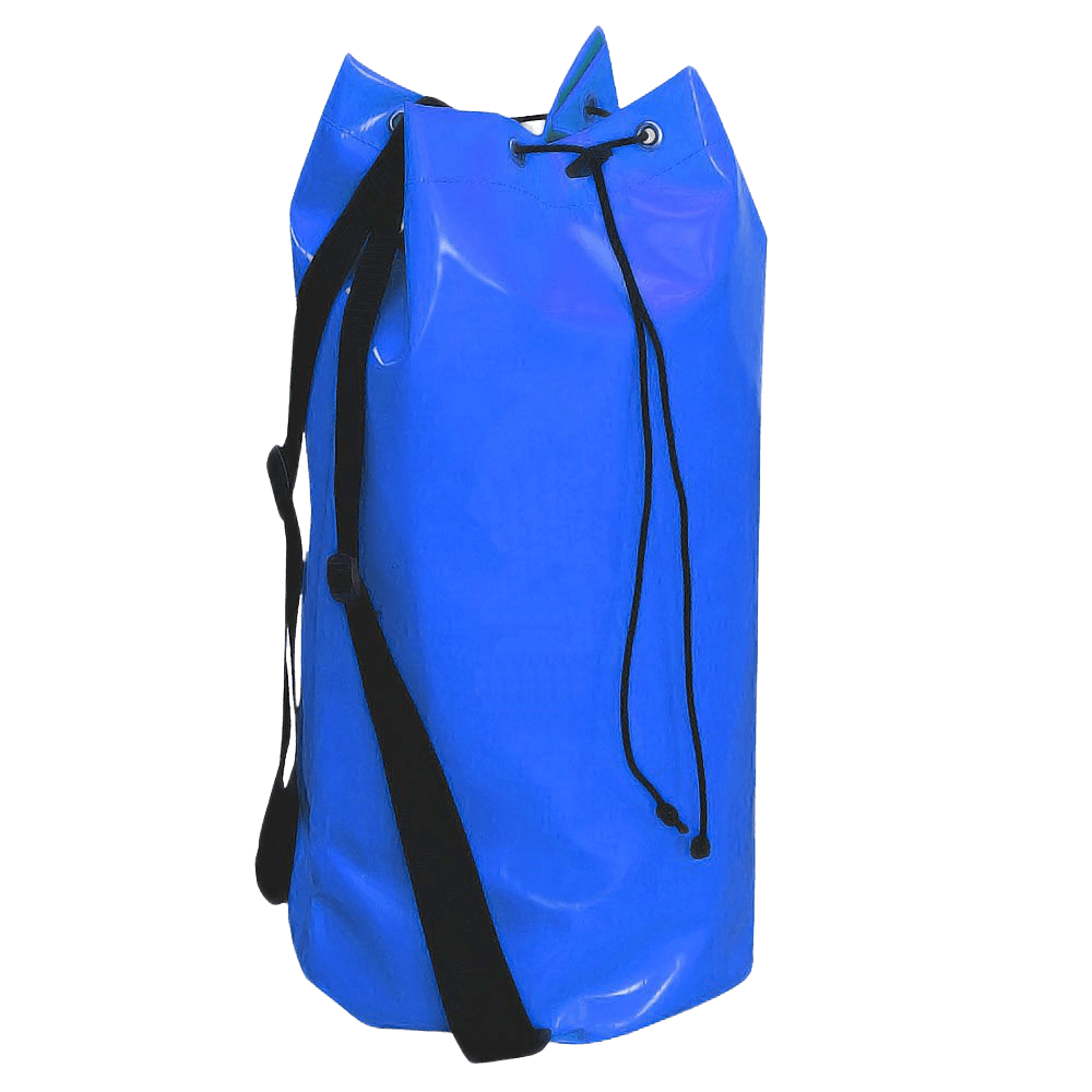 Blå 40L fallskyddsbag med vattentät design och förstärkt botten.