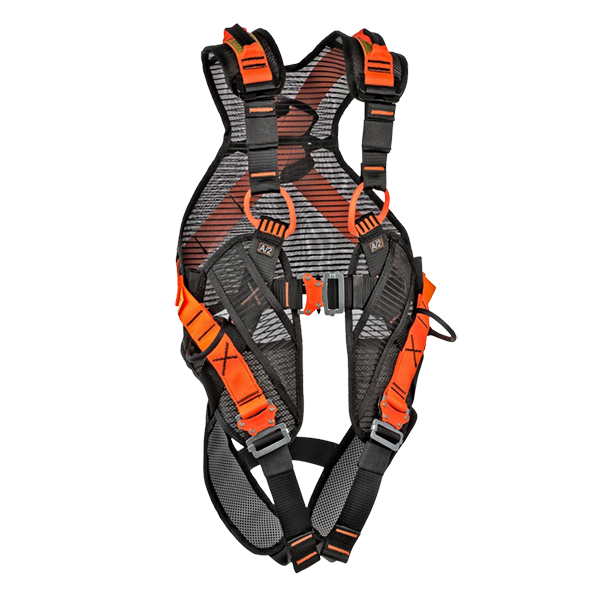 Ergonomisk SPIDR fallskyddssele orange med fallindikatorer och snabbspännen.