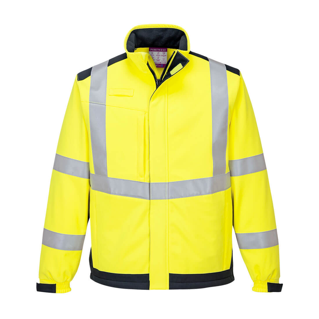 Flamsäker skaljacka i 3-lagers softshell med hög synlighet och skydd