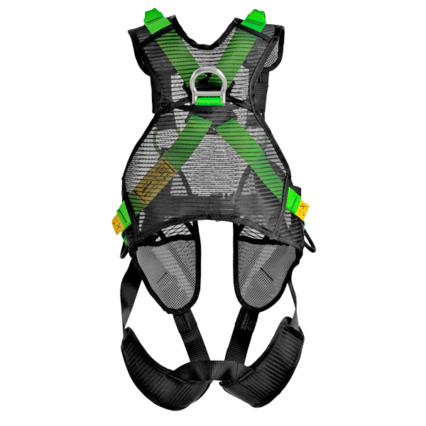 Grön SPIDR fallskyddssele med räddningsöglor och justerbar passform.