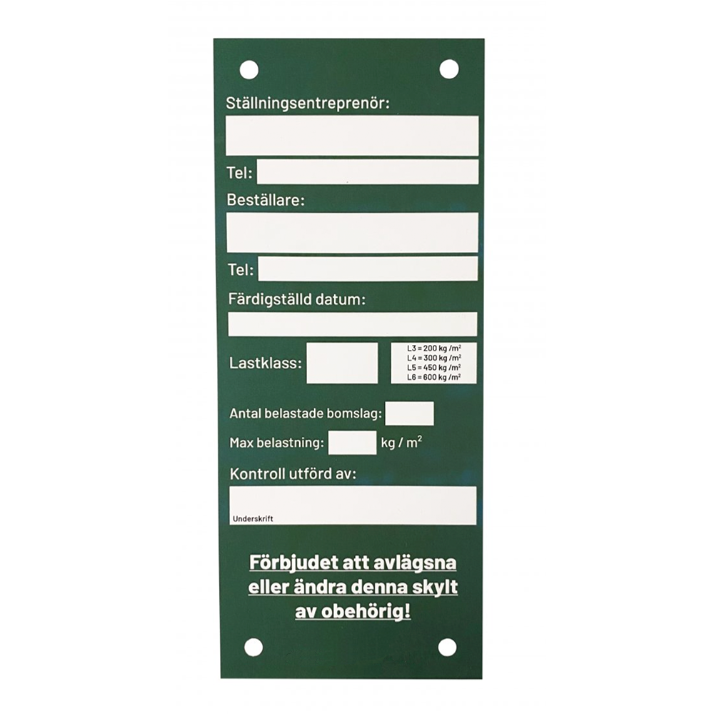 Grön säkerhetsskylt för ställning på byggarbetsplats