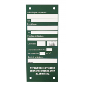 Grön säkerhetsskylt för ställning på byggarbetsplats