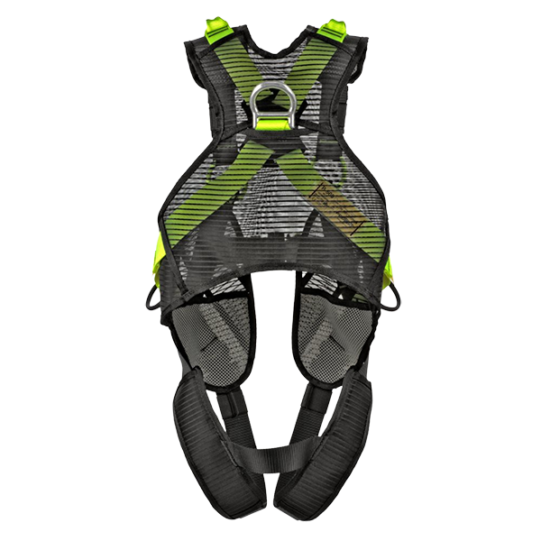 Gul SPIDR fallskyddssele med räddningsöglor och justerbar passform.