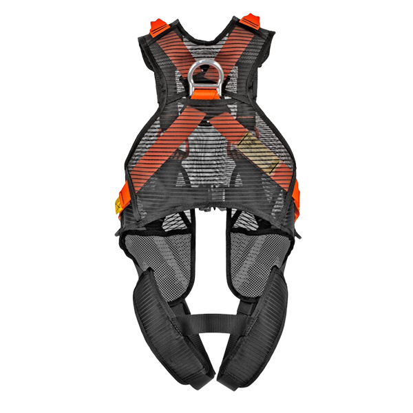 Orange SPIDR fallskyddssele med räddningsöglor och justerbar passform.