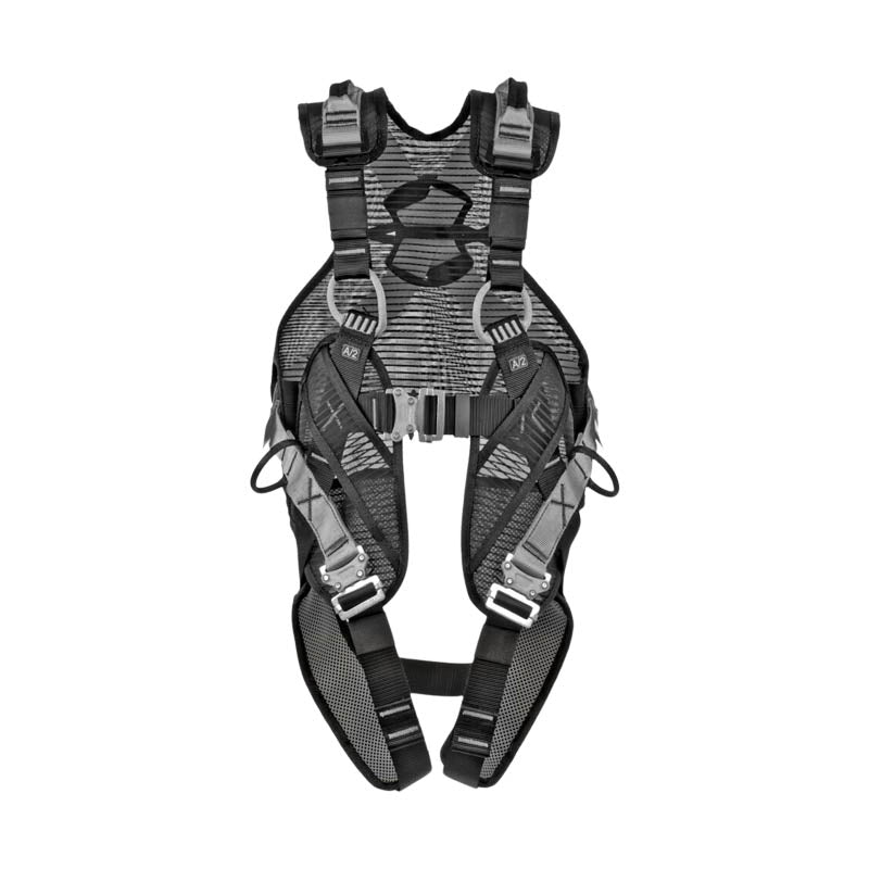 SPIDR fallskyddssele grå med snabbspännen, komfortvaddering och räddningsöglor.
