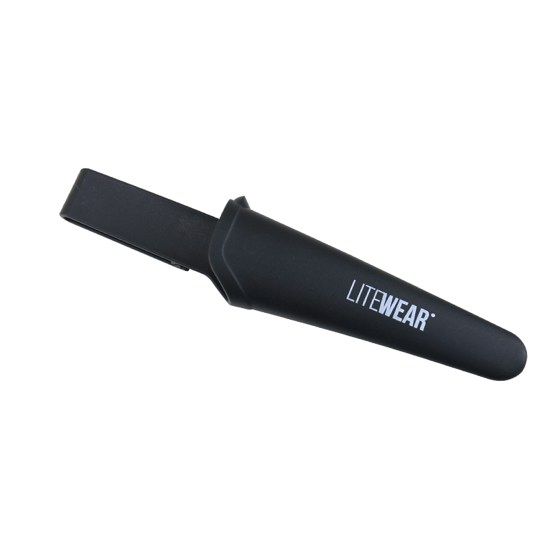 Säkerhetskniv med fodral och hållare för knapp och bälte