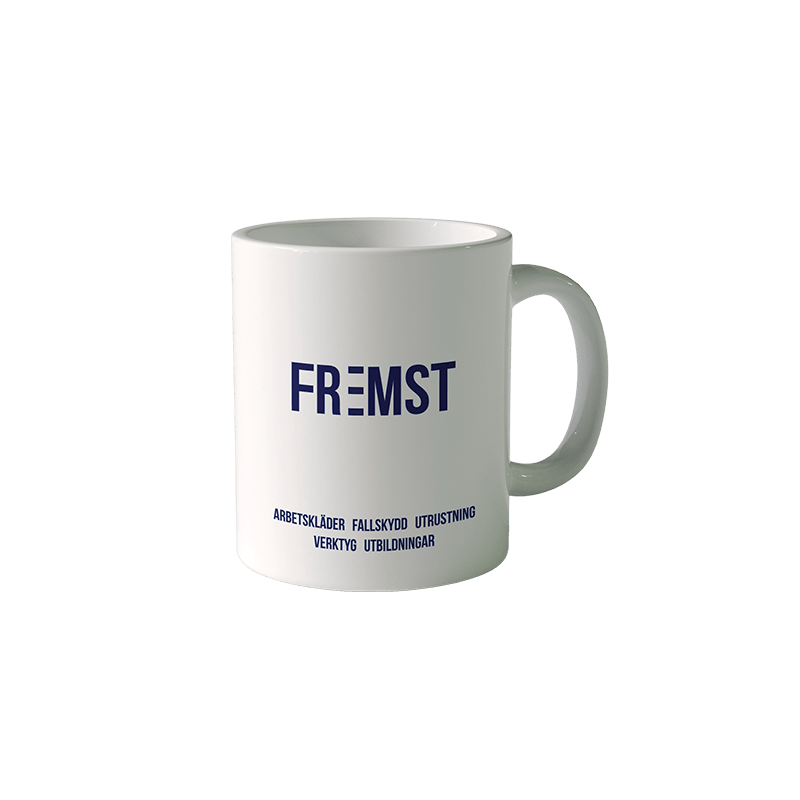 "Custom printed white porcelain coffee mug with company logo"