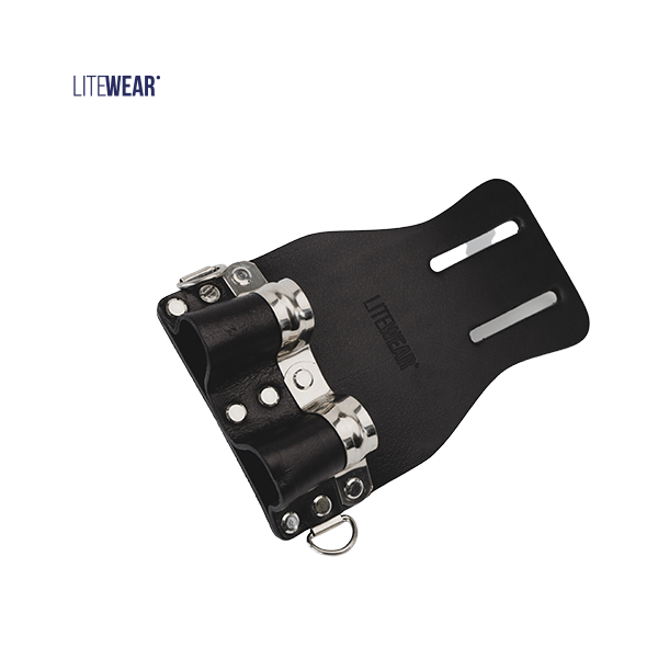 Dubbel nyckelhållare i koläder för verktygsbälte.