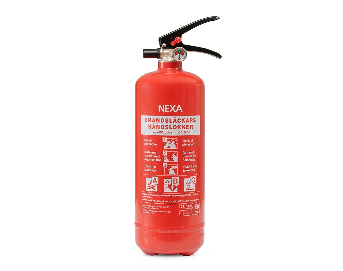 Pulversläckare 2kg från Nexa med hållare för hem, bil och båt.